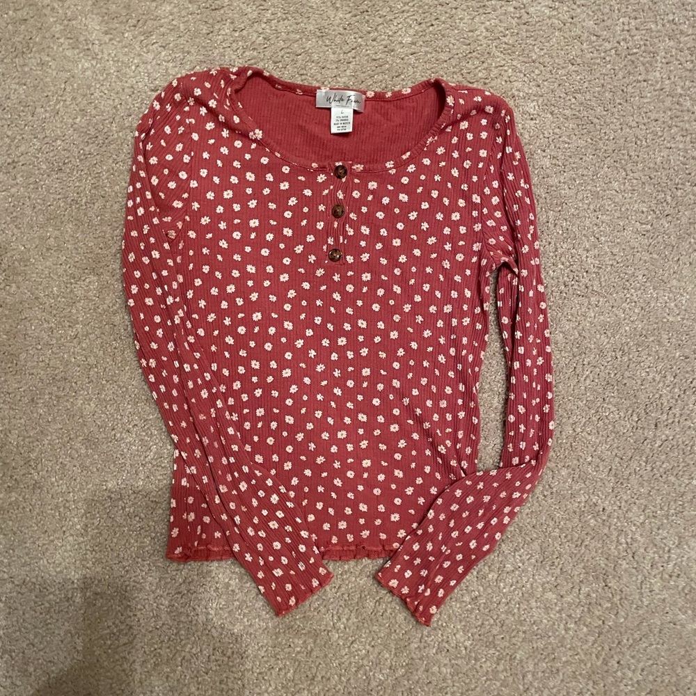 White fawn cute Henley with floral pattern